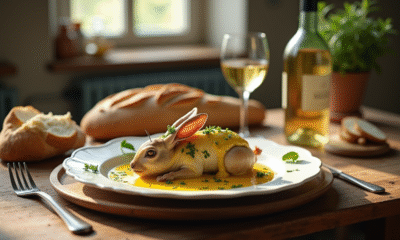 Table rustique avec un plat de lapin à la moutarde