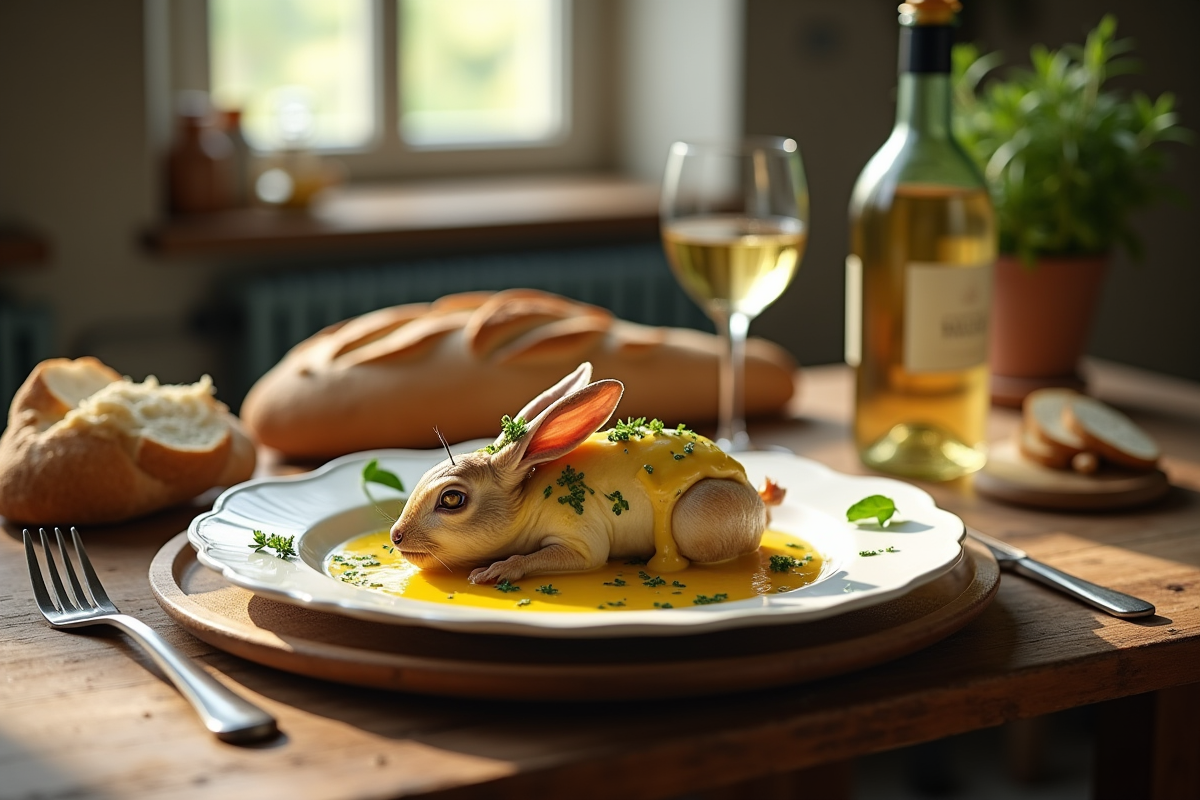 Table rustique avec un plat de lapin à la moutarde