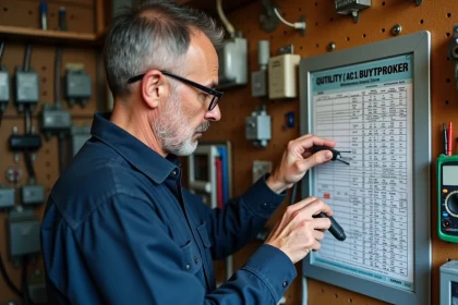 Un homme consultant un tableau de conversion ampère en watt dans un local technique domestique avec multimètre en main
