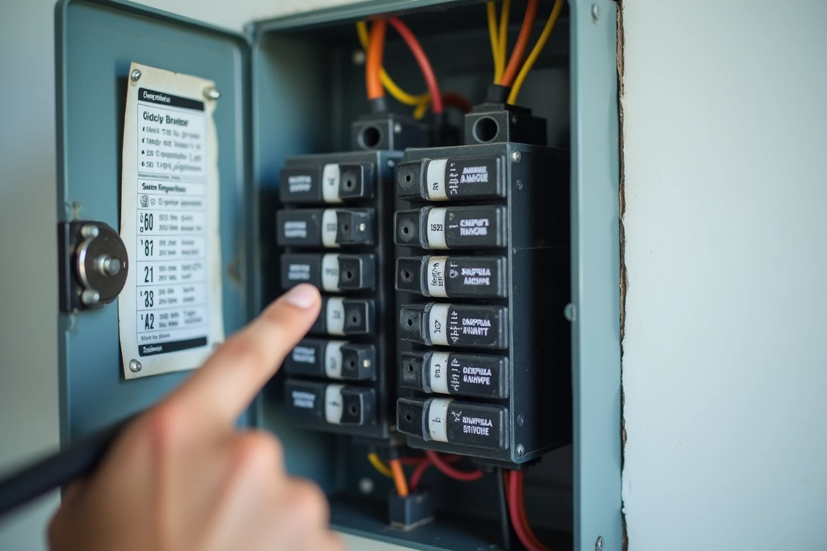 Tableau électrique domestique ouvert avec étiquettes d'ampérage et fiche de conversion ampère en watt plastifiée intégrée