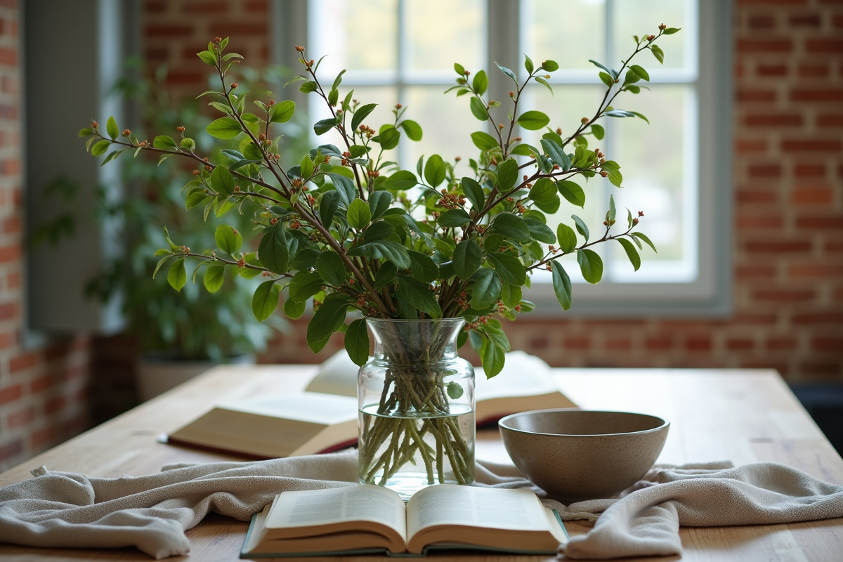 Arrangement de gui sur une table avec livres et bol en céramique