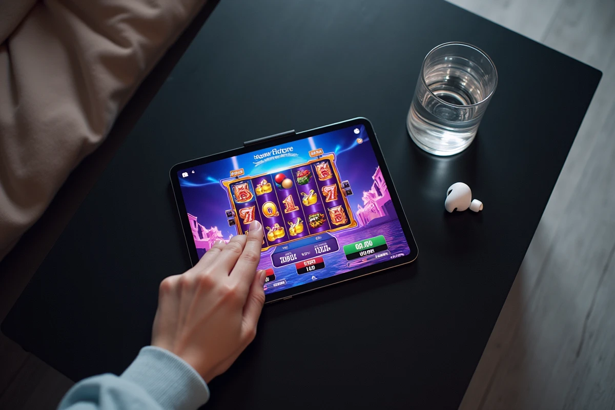 Vue aérienne d'une tablette affichant un jeu de slots en ligne posée sur une table en bois