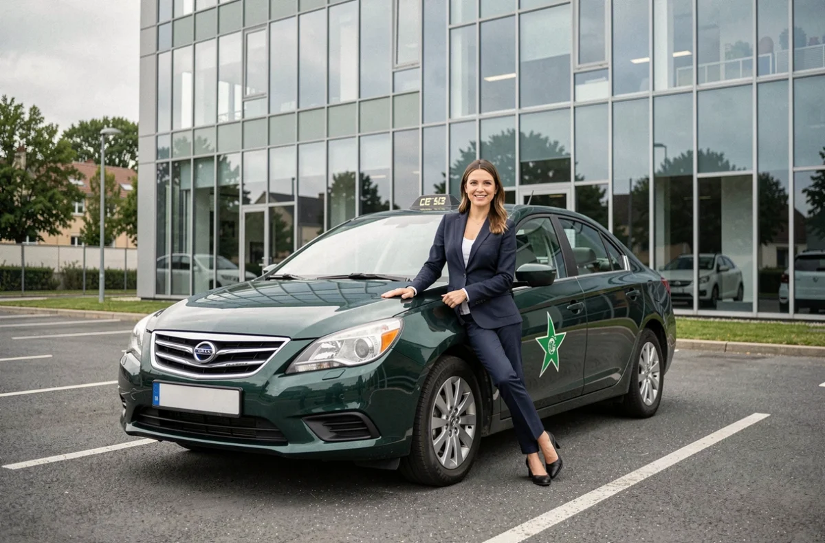 Véhicule Taxi Étoile Verte garé devant un immeuble moderne avec une conductrice professionnelle en blazer