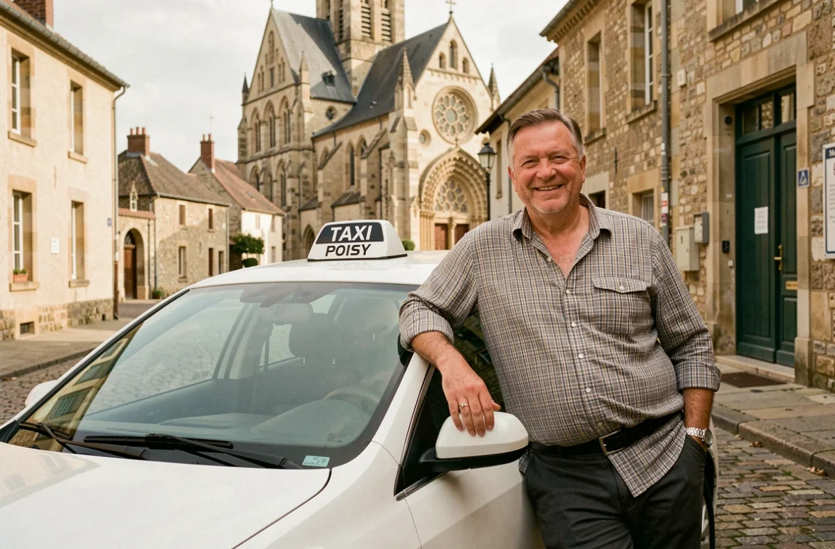 Taxi Poissy garé près du centre historique de Poissy avec l'église collégiale en arrière-plan
