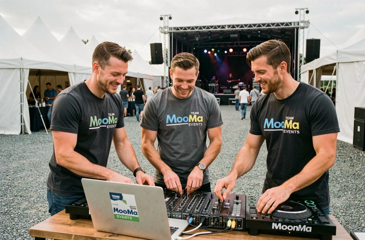L'équipe Team MooMa Events collaborant autour d'une console DJ lors de la préparation d'un grand événement en plein air