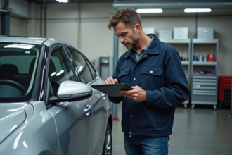 Technicien auto examinant une porte endommagée dans un atelier