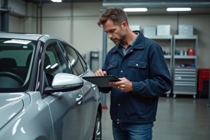 Technicien auto examinant une porte endommagée dans un atelier