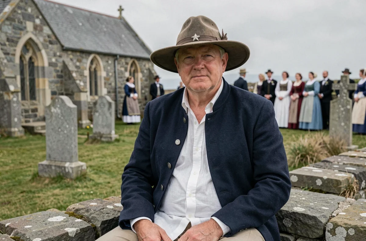 Homme en tenue bretonne traditionnelle lors d'un pardon breton, veste marine et chapeau à larges bords devant une chapelle en granit