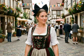 Femme en costume traditionnel alsacien lors d'une fête de village, avec coiffe noire et robe brodée rouge et verte