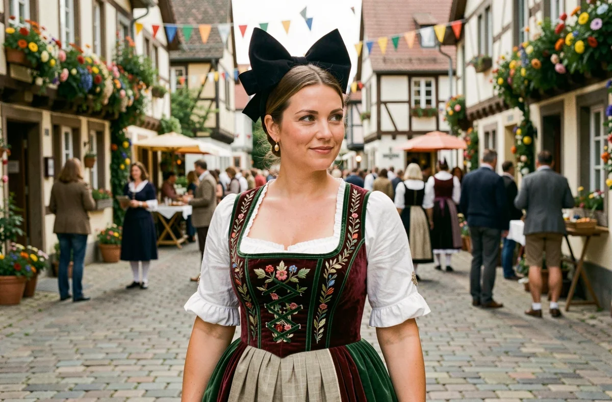 Femme en costume traditionnel alsacien lors d'une fête de village, avec coiffe noire et robe brodée rouge et verte