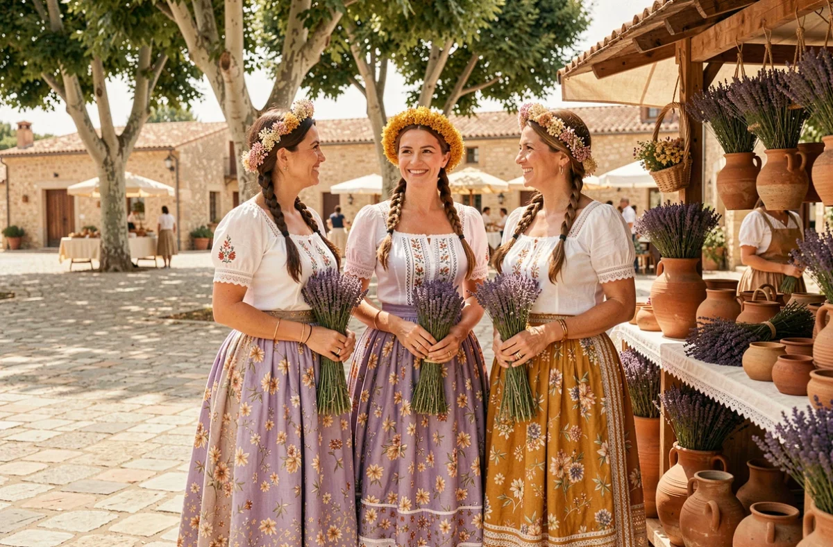 Groupe de femmes en tenues provençales fleuries lors d'une fête de village en Provence, jupes colorées et couronnes de fleurs séchées