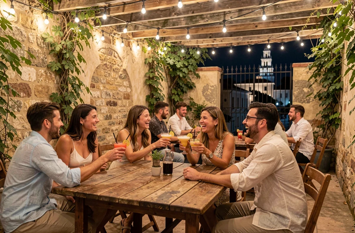 Terrasse animée d'un bar de nuit à Perpignan avec des jeunes adultes profitant de cocktails en soirée estivale