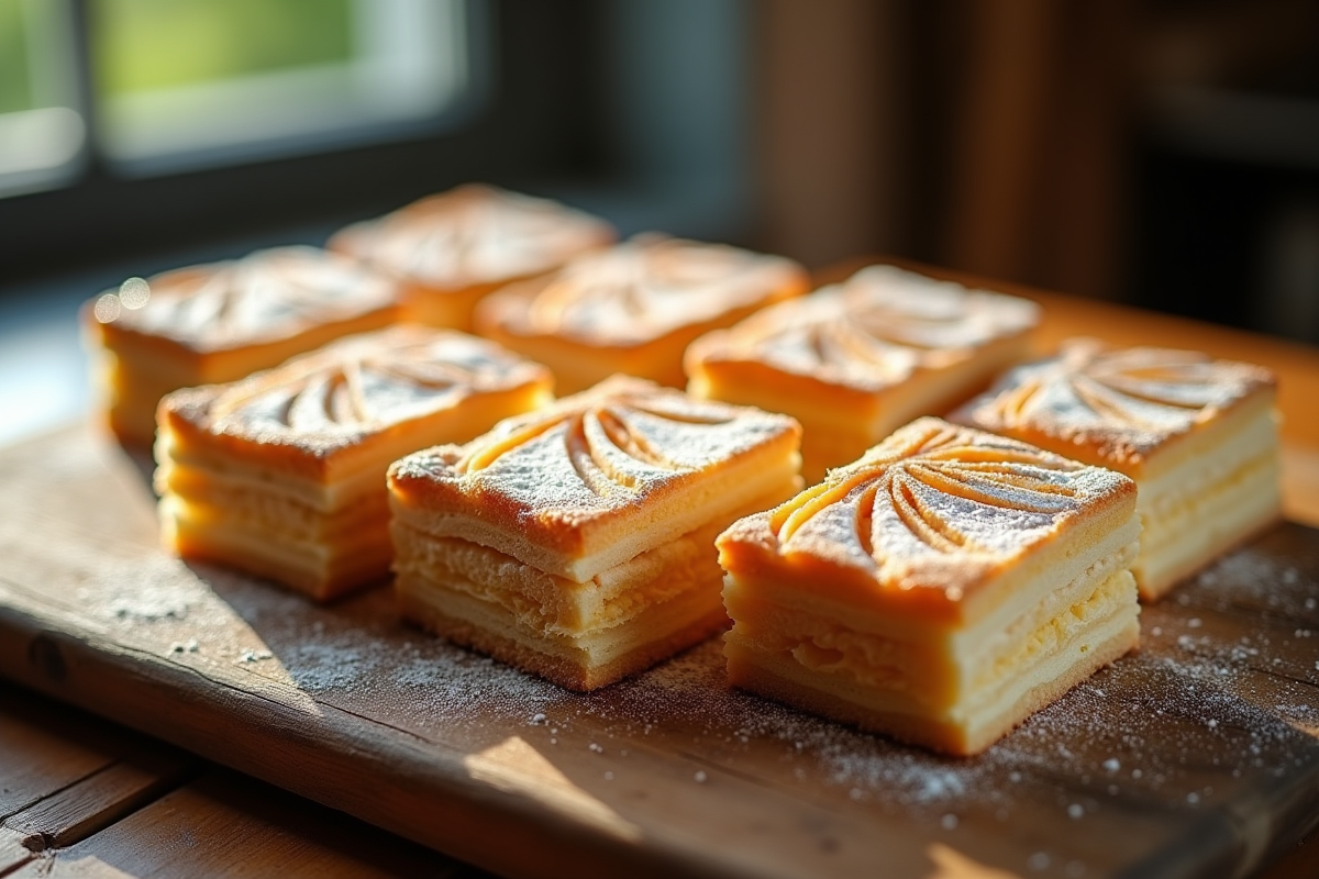 Tranches de millefeuille sur table en bois avec glaçage