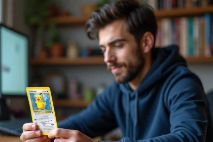 Jeune homme examinant une carte Pokémon holographique à son bureau pour vérifier son authenticité