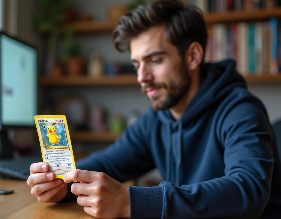 Jeune homme examinant une carte Pokémon holographique à son bureau pour vérifier son authenticité