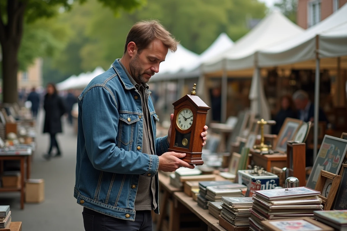 Visiteur examinant une horloge ancienne lors d'une brocante en Meurthe-et-Moselle en 2026