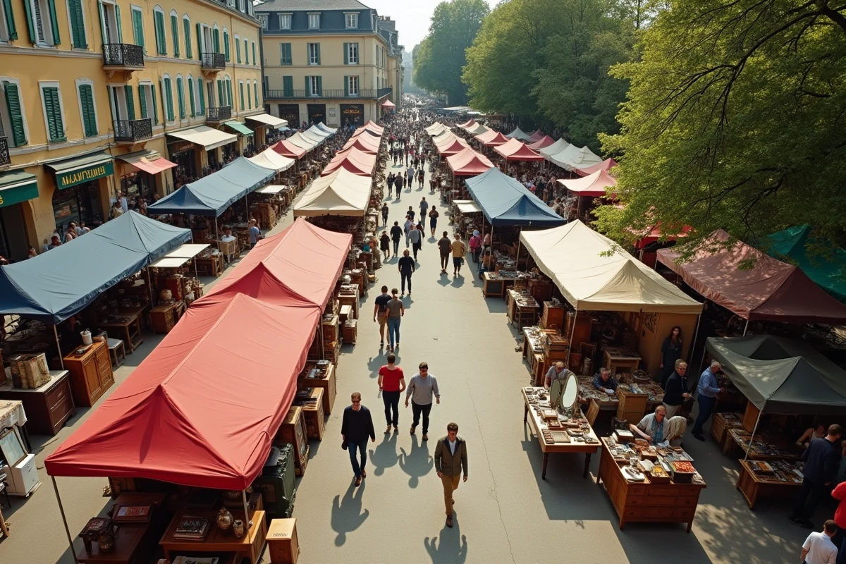Vue aérienne d'une grande brocante sur une place de ville en Meurthe-et-Moselle avec nombreux stands et visiteurs
